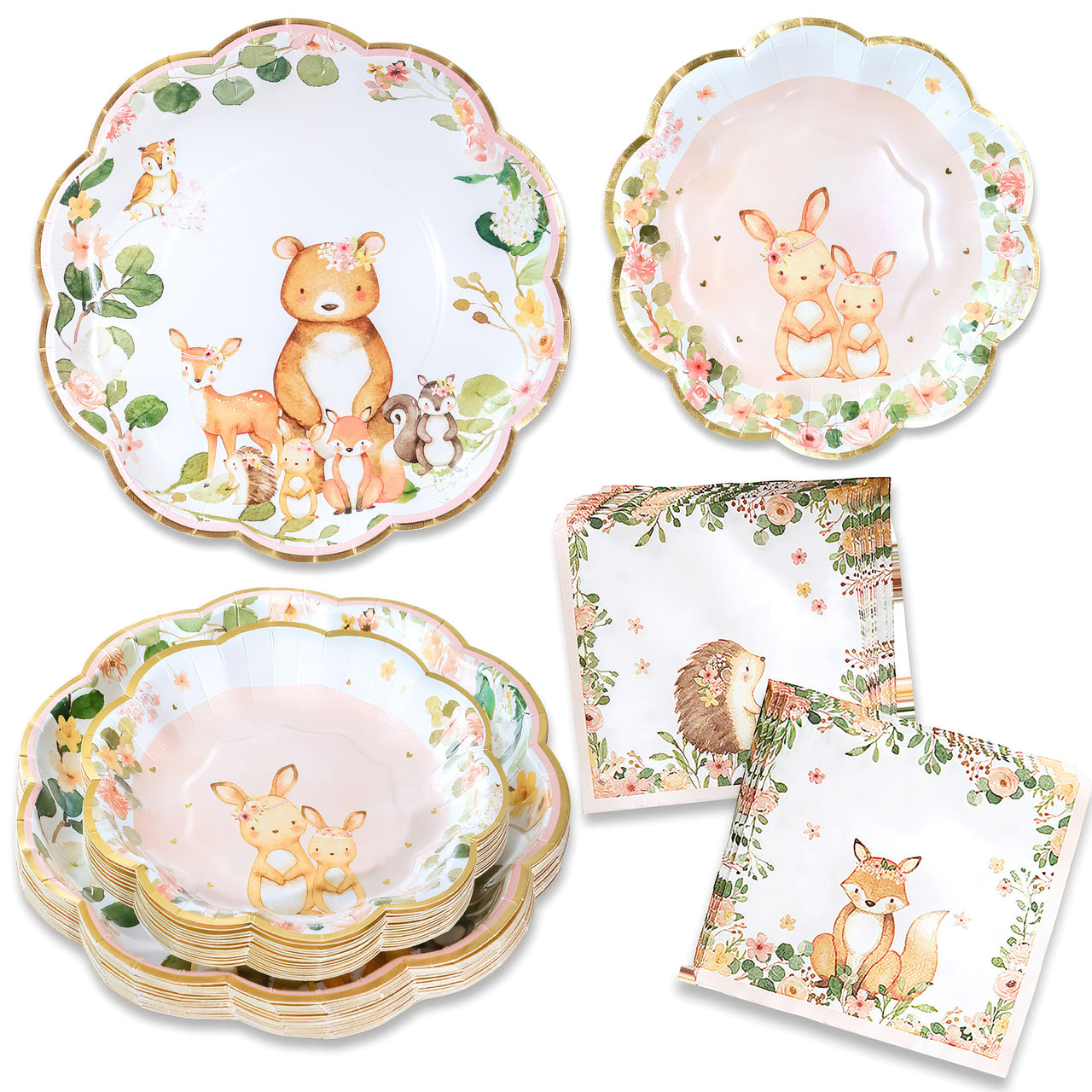 Pink Woodland Baby 62 Piece Party Tableware Set (16 Guests) | 00265NA-KIT