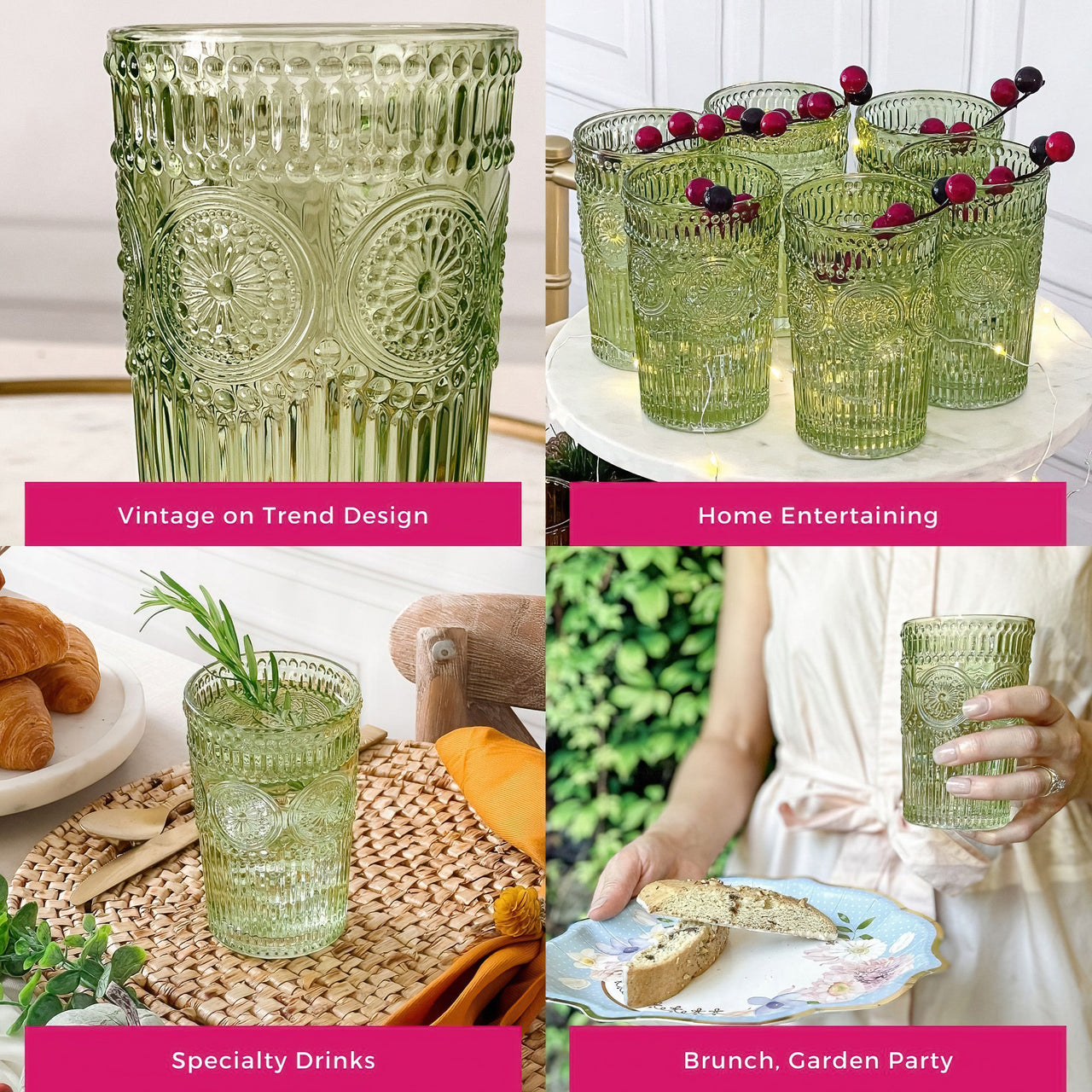 10 oz. Ribbed Retro Arch Floral Green Drinking Glasses (Set of 6)
