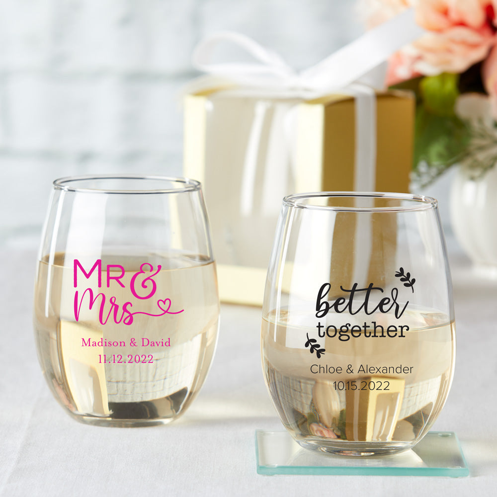 Personalized 9 oz. Stemless Wine Glasses ($2.20/pc) + $20 Set Up Fee MWF